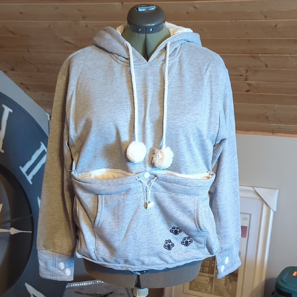Gray Women's Hoodie with Pom-Poms